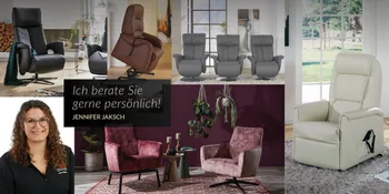 Verschiedene Sessel unterschiedlicher Materialien in Collage mit Bild von Mitarbeiterin von Moebel Reichenberger.